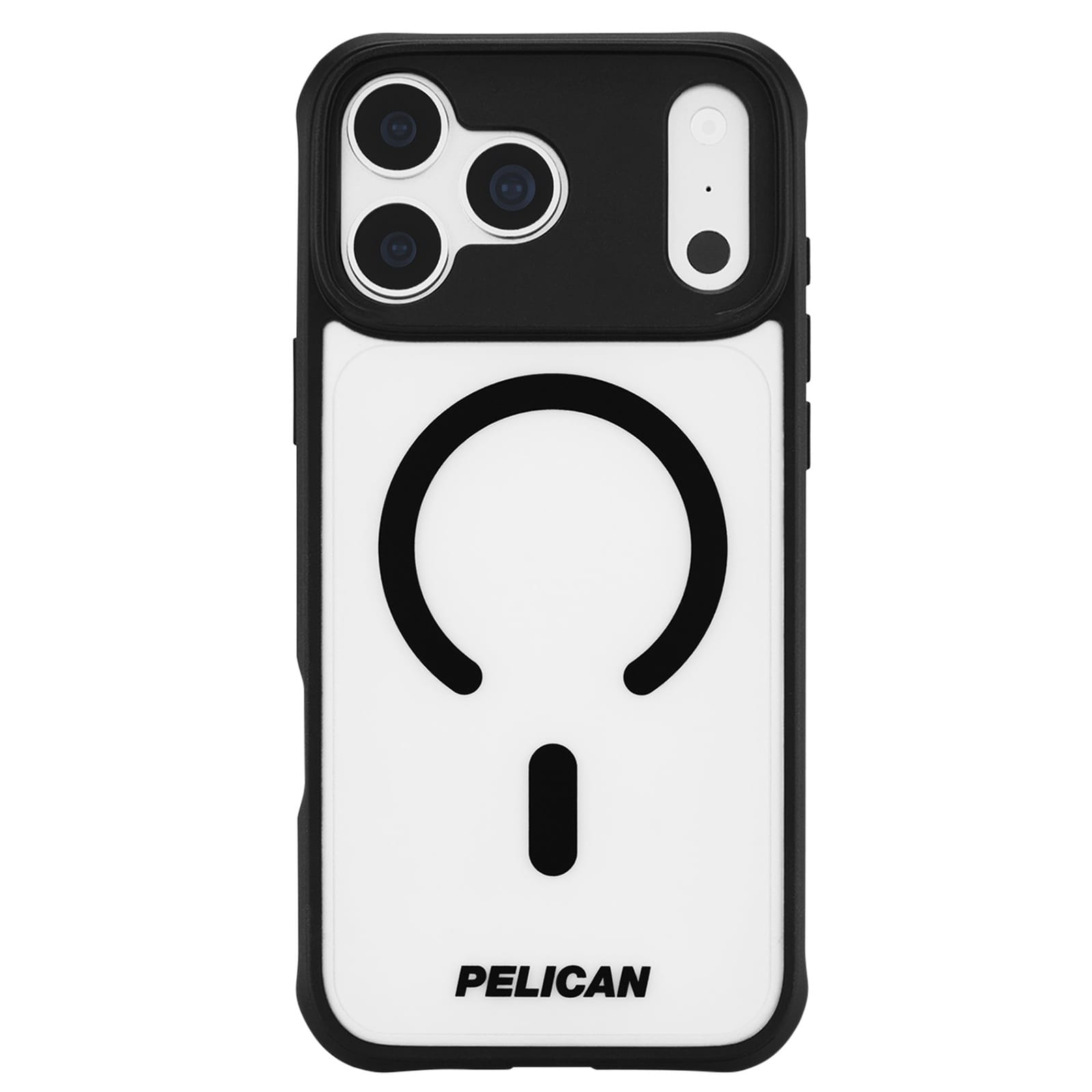 A white and black Pelican MagSafe phone case shown on a clean white background. The case features a white back panel with a black MagSafe ring and a black vertical accent, a black bumper frame, and the brand name 'PELICAN' printed in black at the bottom.
#color_ranger frosted clear/black