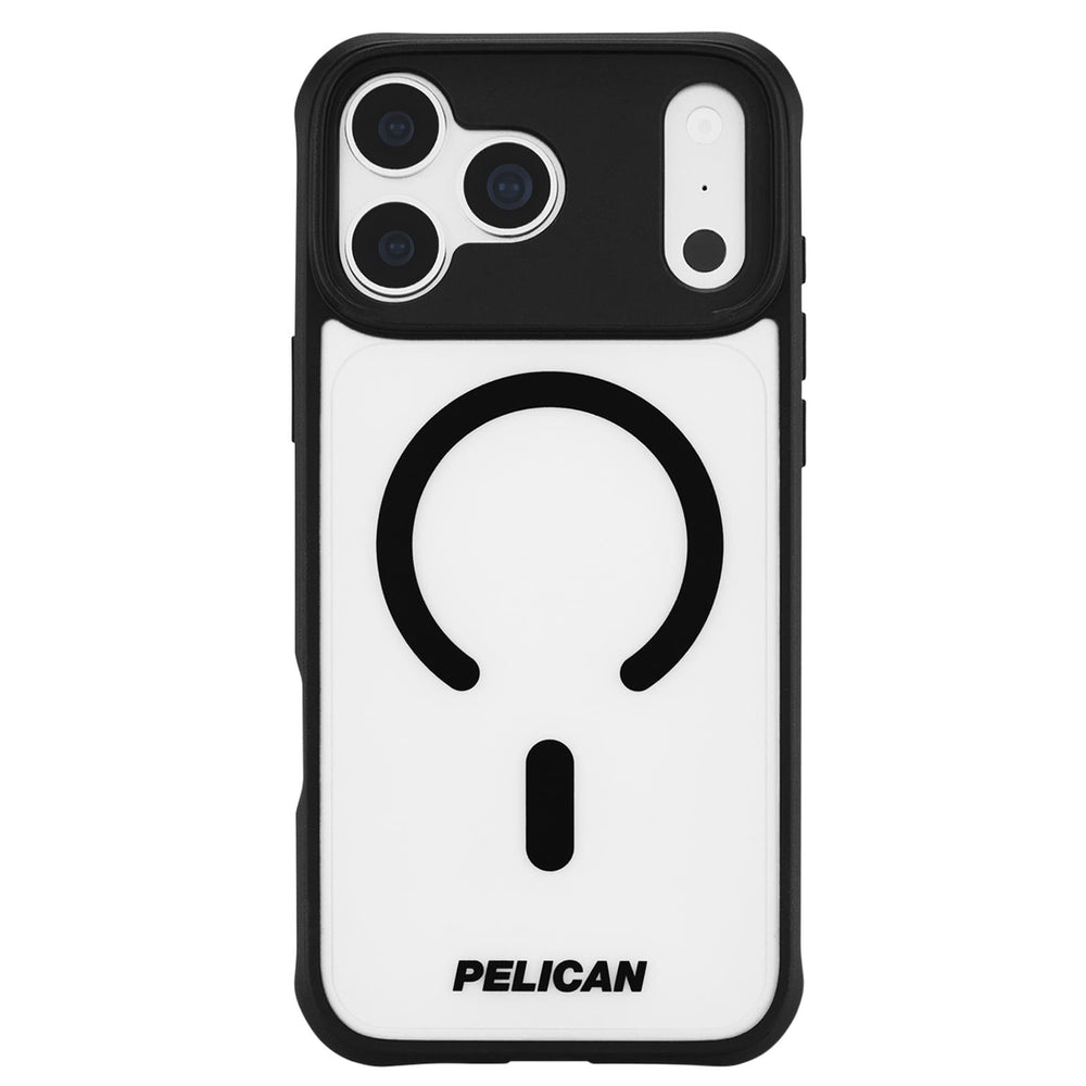 A white and black Pelican MagSafe phone case shown on a clean white background. The case features a white back panel with a black MagSafe ring and a black vertical accent, a black bumper frame, and the brand name 'PELICAN' printed in black at the bottom.
#color_ranger frosted clear/black