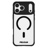 A white and black Pelican MagSafe phone case shown on a clean white background. The case features a white back panel with a black MagSafe ring and a black vertical accent, a black bumper frame, and the brand name 'PELICAN' printed in black at the bottom.
#color_ranger frosted clear/black
