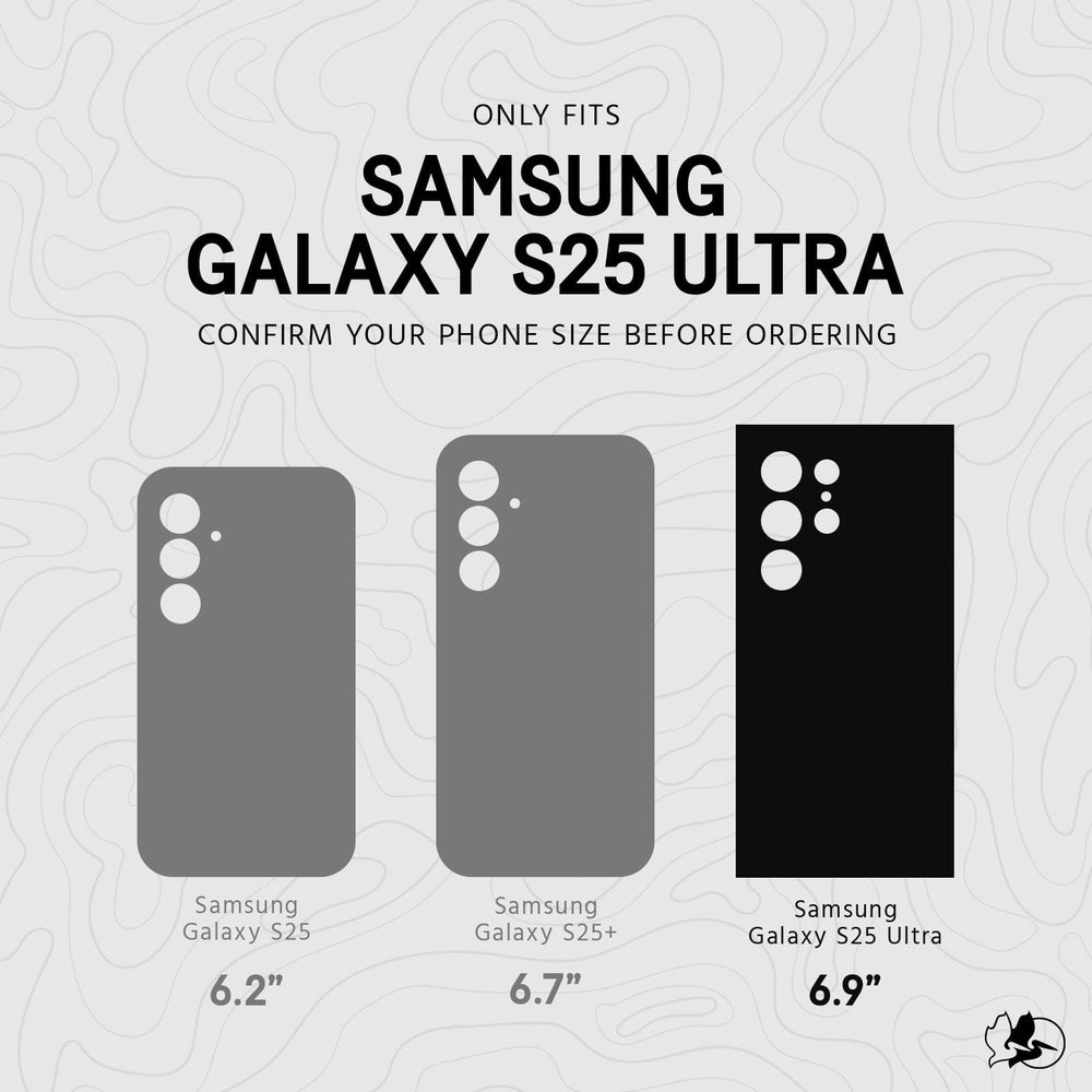 Compatibility chart showing Galaxy S25, S25+, and S25 Ultra phone sizes with camera cutouts and screen dimensions.