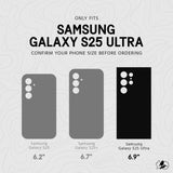 Compatibility chart showing Galaxy S25, S25+, and S25 Ultra phone sizes with camera cutouts and screen dimensions.
