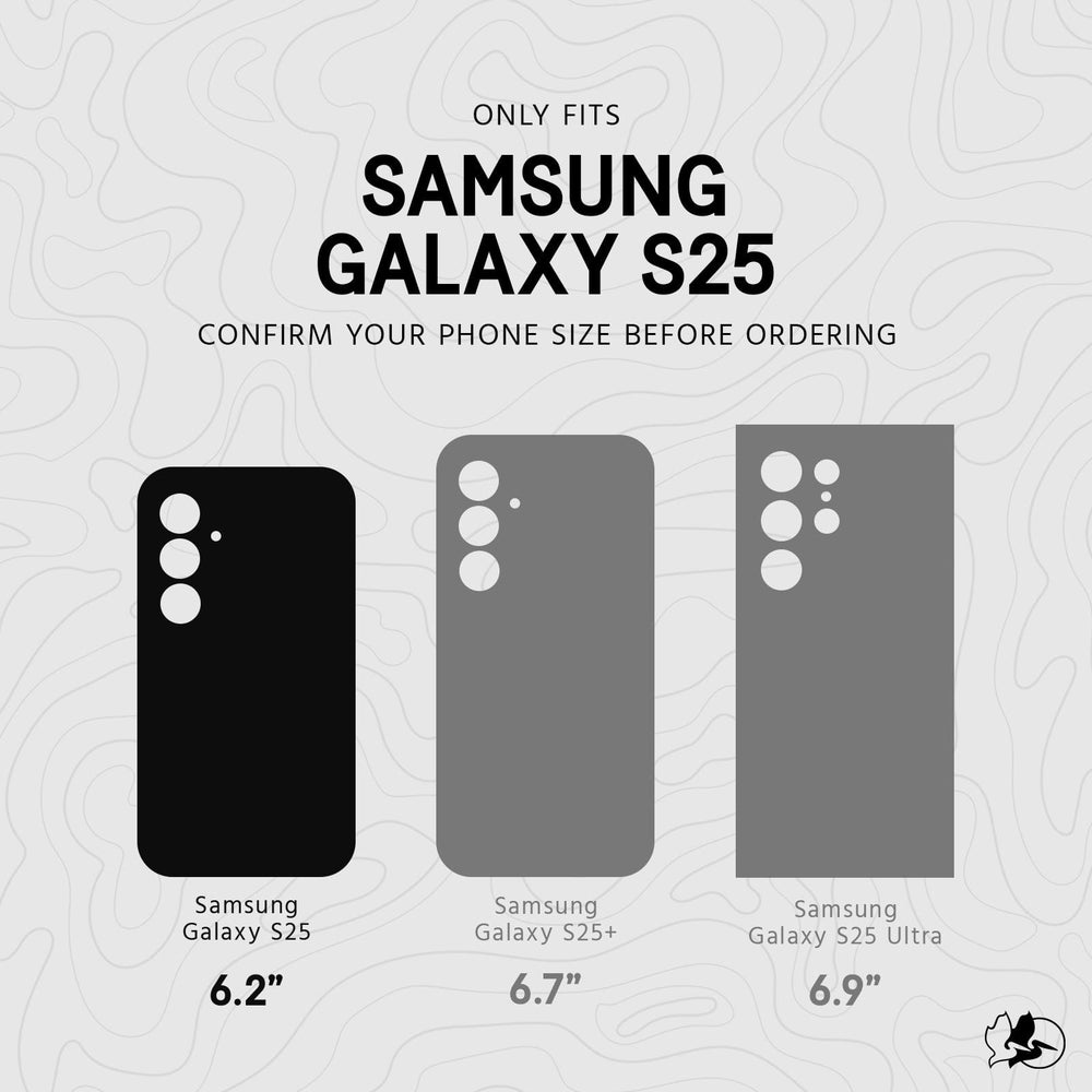 Compatibility chart showing three Samsung Galaxy S25 phone models in black and gray with camera lens layouts and screen sizes