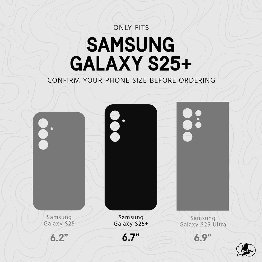 Size compatibility guide showing Galaxy S25+ (6.7") fits Pelican Protector case with magnet.