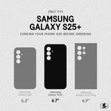Size compatibility guide showing Galaxy S25+ (6.7") fits Pelican Protector case with magnet.