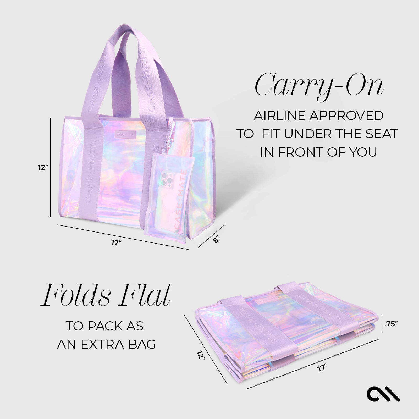 CARRY-ON AIRLINE APPROVED TO FIT UNDER THE SEAT IN FRONT OF YOU. FOLDS FLAT TO PACK AS AN EXTRA BAG.