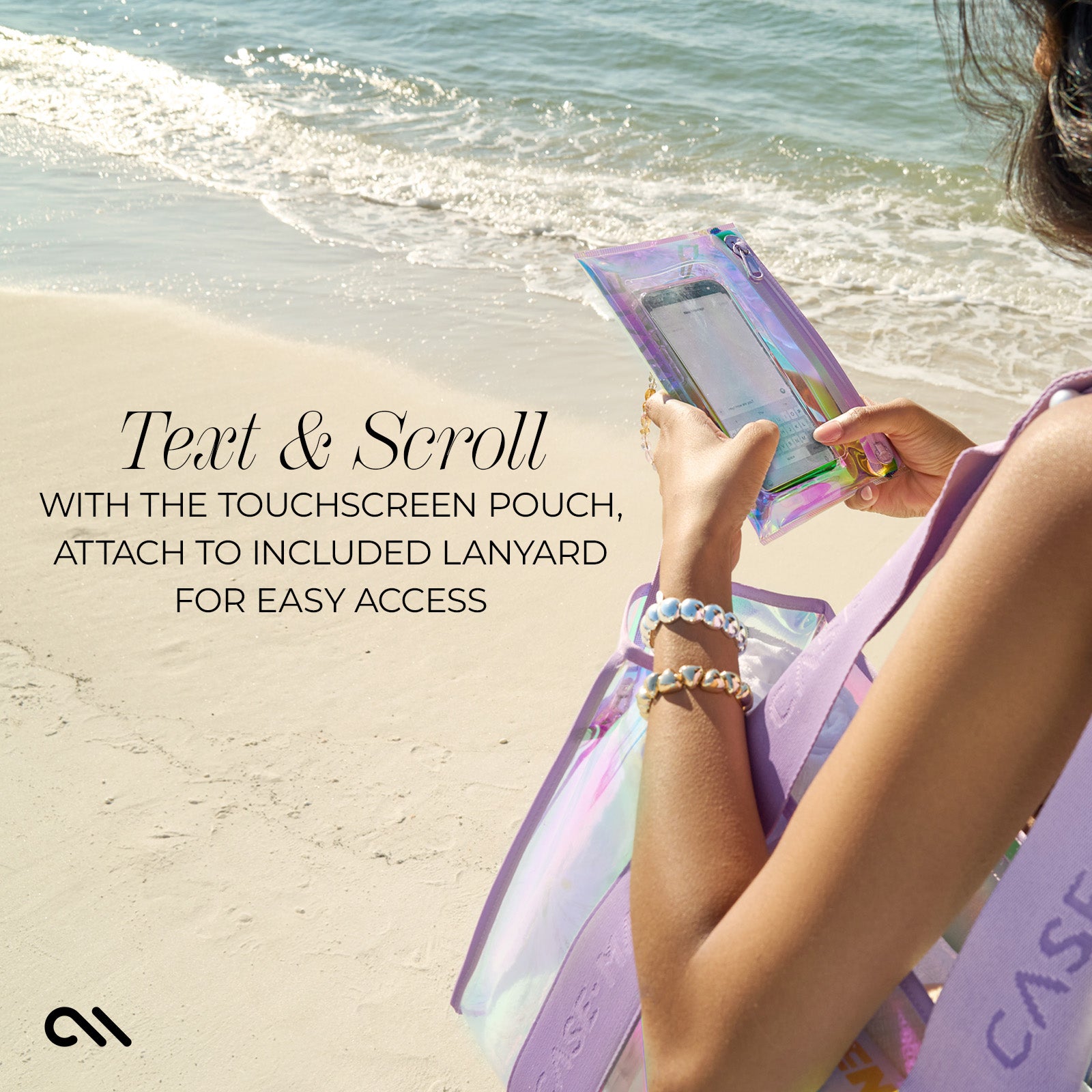 TEXT & SCROLL WITH THE TOUCHSCREEN POUCH, ATTACH TO INCLUDED LANYARD FOR EASY ACCESS