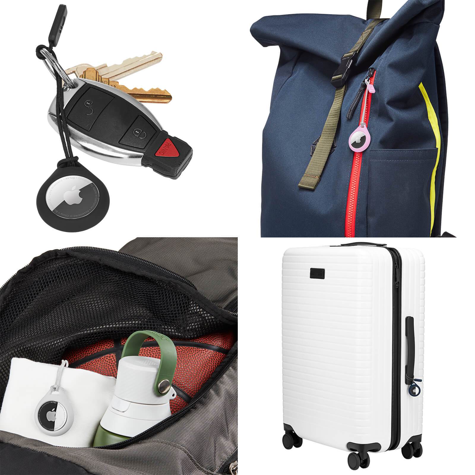 Tough Sport AirTag Case attached to keys, backpack, inside backpack, on suitcase. color::Blush