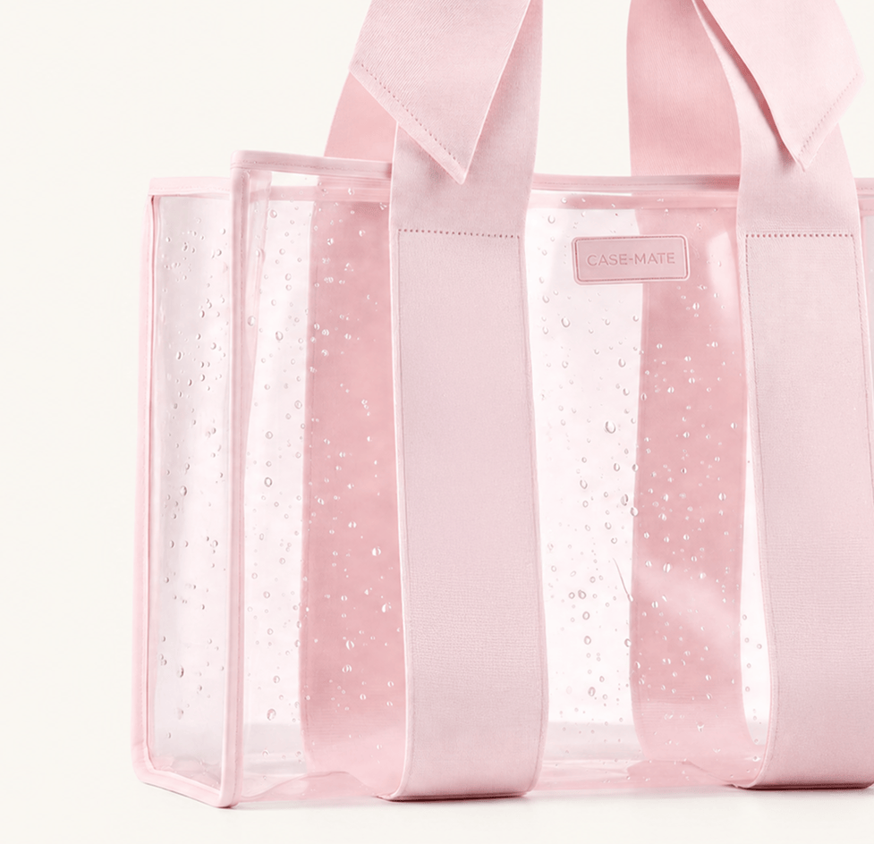 Close up of the pink jelly tote covered in water droplets