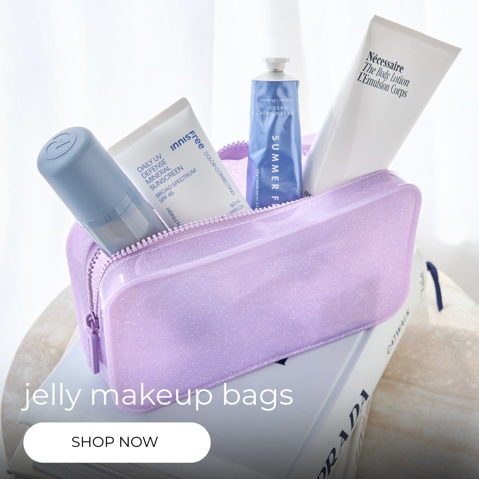 Jelly Makeup bag with sunscreen and other cosmetics inside