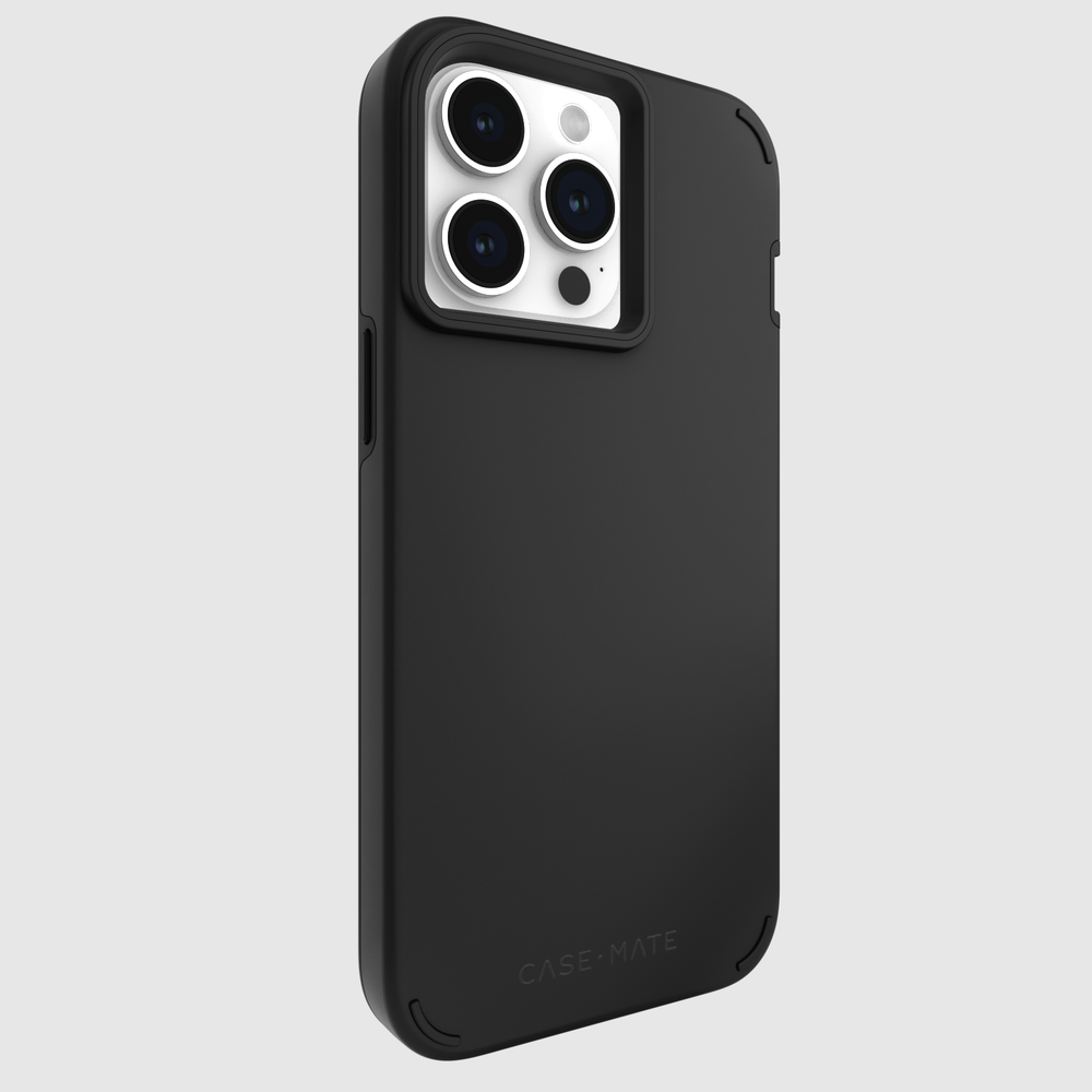 Black protective case for iPhone 15 Pro Max with raised camera bezel and silver accent ring.