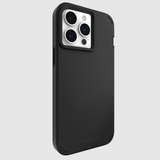Black protective case for iPhone 15 Pro Max with raised camera bezel and silver accent ring.