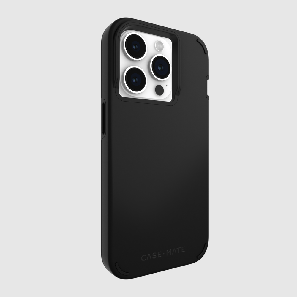 Black protective case for iPhone 15 Pro with dual-tone design and reinforced camera ring.