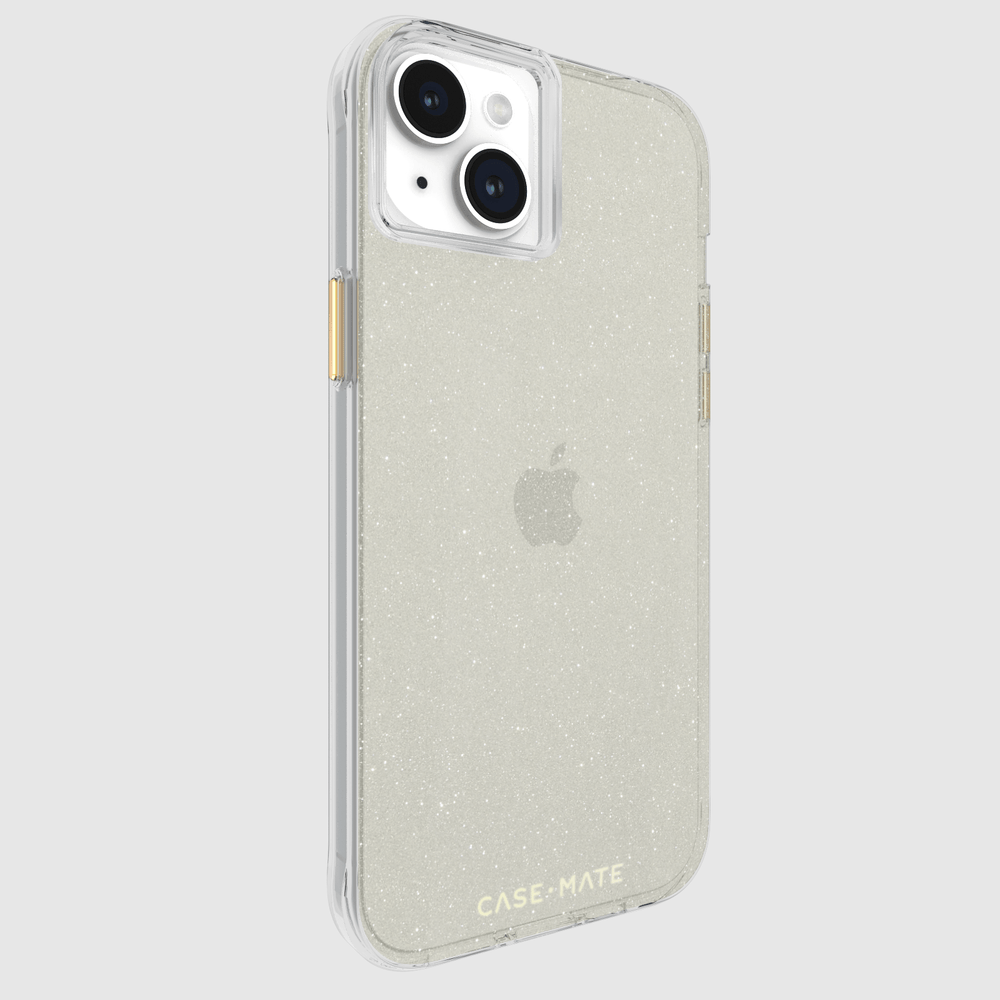 Clear protective case with gold glitter for iPhone 15 Plus, featuring dual camera cutout and gold-tone side buttons.