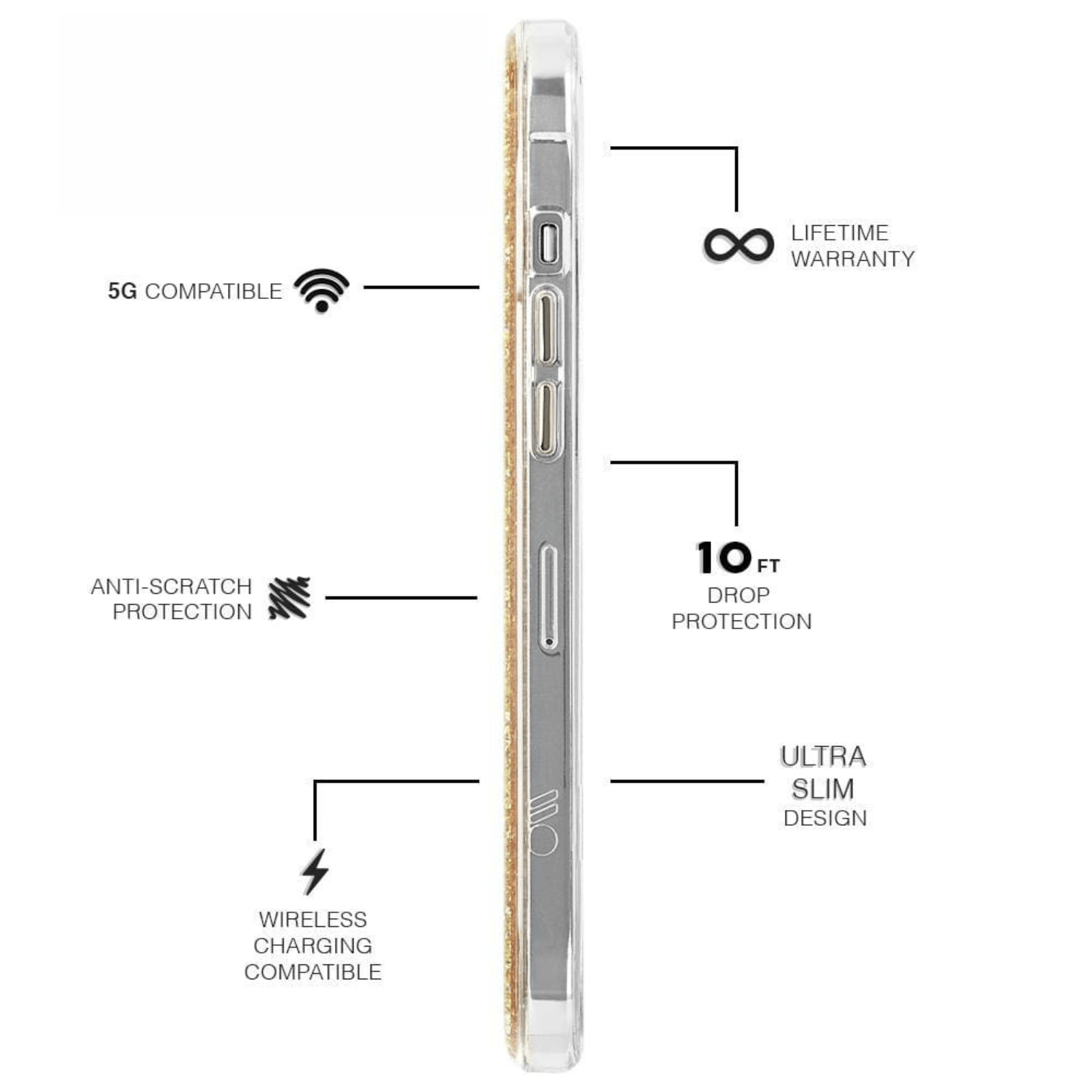 5G Compatible, Anti- Scratch Protection, Wireless Charging Compatible, Lifetime Warranty, 10 ft Drop Protection, Ultra Slim design. color::Gold
