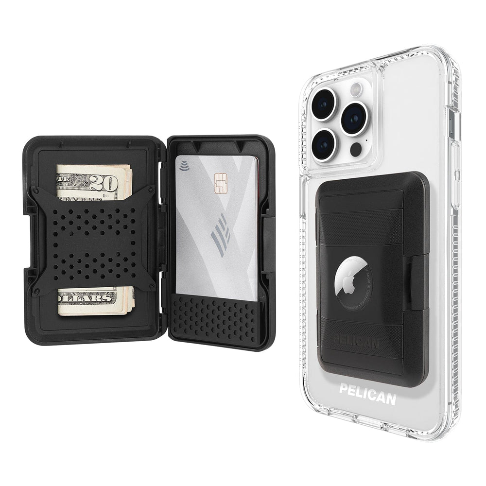 Clear protective wallet with black card slots holding cash and credit card, attached to clear phone case with AirTag holder.