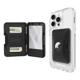 Clear protective wallet with black card slots holding cash and credit card, attached to clear phone case with AirTag holder.