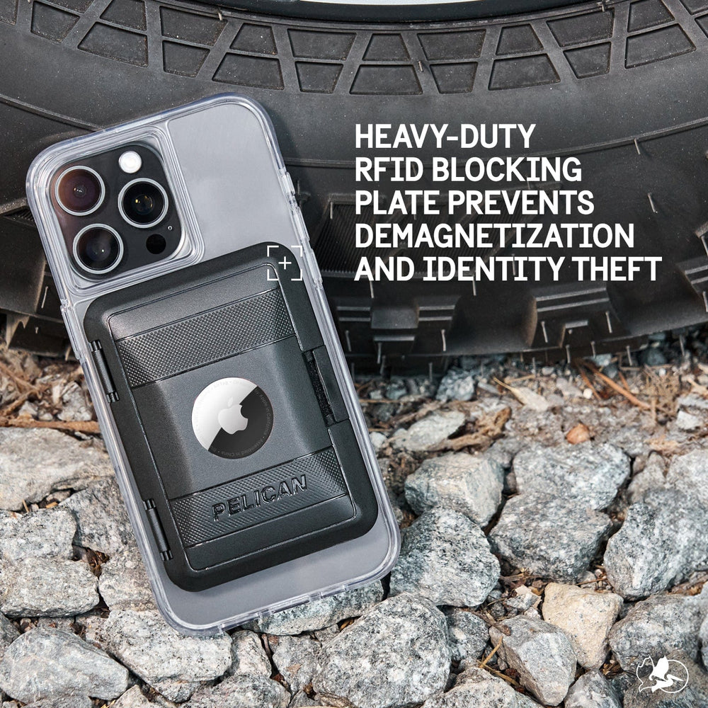 Clear protective case with black wallet attachment holding white AirTag, mounted on iPhone with triple camera system.