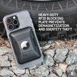 Clear protective case with black wallet attachment holding white AirTag, mounted on iPhone with triple camera system.