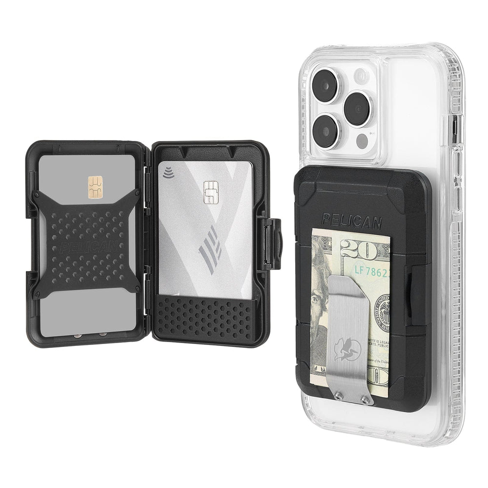 Black MagSafe wallet with card slots holding cash and cards, shown attached to clear phone case and displayed open.