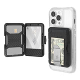 Black MagSafe wallet with card slots holding cash and cards, shown attached to clear phone case and displayed open.