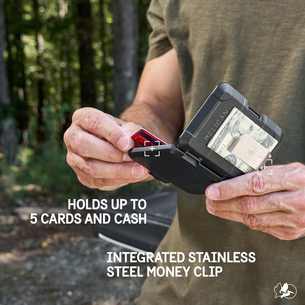 Black money clip wallet with cards and cash visible, held open in hands outdoors.