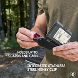 Black money clip wallet with cards and cash visible, held open in hands outdoors.