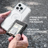 Clear phone case with MagSafe ring attached to phone, detached black wallet with cash and cards held in hand.