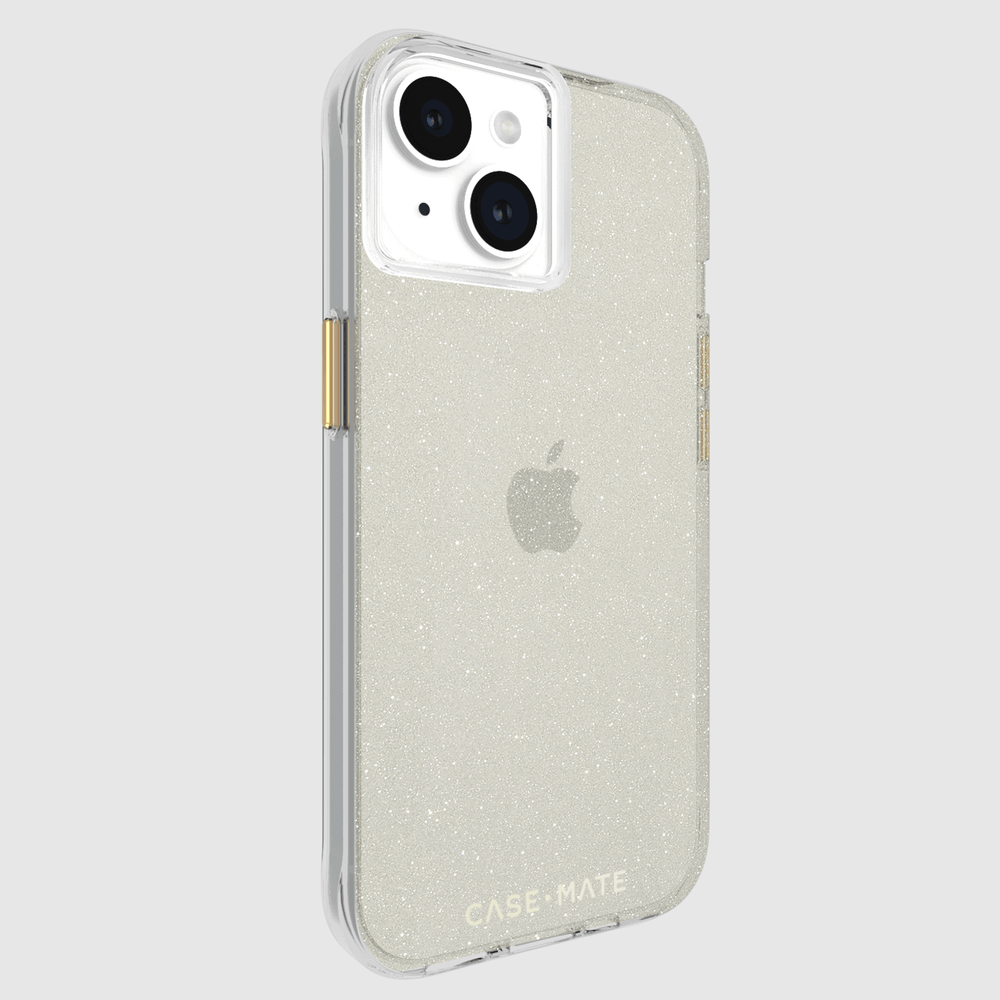 Clear protective iPhone case with gold glitter infill and gold-tone button accents.