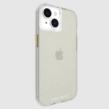 Clear protective iPhone case with gold glitter infill and gold-tone button accents.