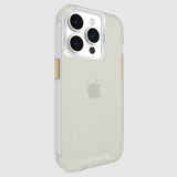Clear protective case for iPhone 15 Pro with gold glitter design and gold-toned button accents.