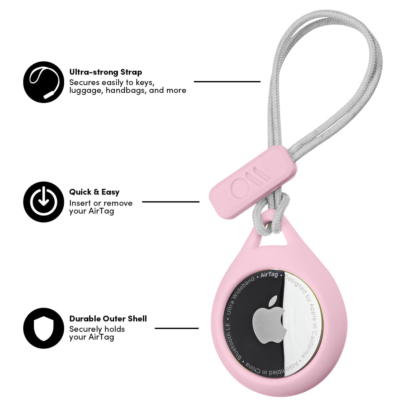 Ultra-strong Strap secures easily to keys, luggage, handbags, and more. Quick and Easy, Insert or remove your AirTag, Durable Outer shell Securely holds your AirTag. color::Blush