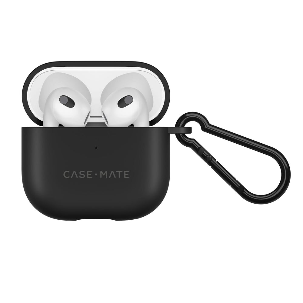 A black silicone protective case for AirPods, shown with its lid open, revealing white AirPods inside. The case features the 'CASE-MATE' brand name printed on the front and is attached to a black metal carabiner clip, all set against a plain white background.