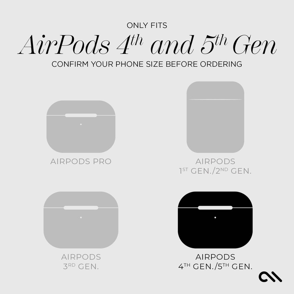 A compatibility graphic for AirPods 4th and 5th Gen, showing four grayscale phone case silhouettes labeled AirPods Pro, AirPods 1st/2nd Gen, AirPods 3rd Gen, and AirPods 4th/5th Gen. Text at the top says 'Only fits AirPods 4th and 5th Gen' and 'Confirm your phone size before ordering.