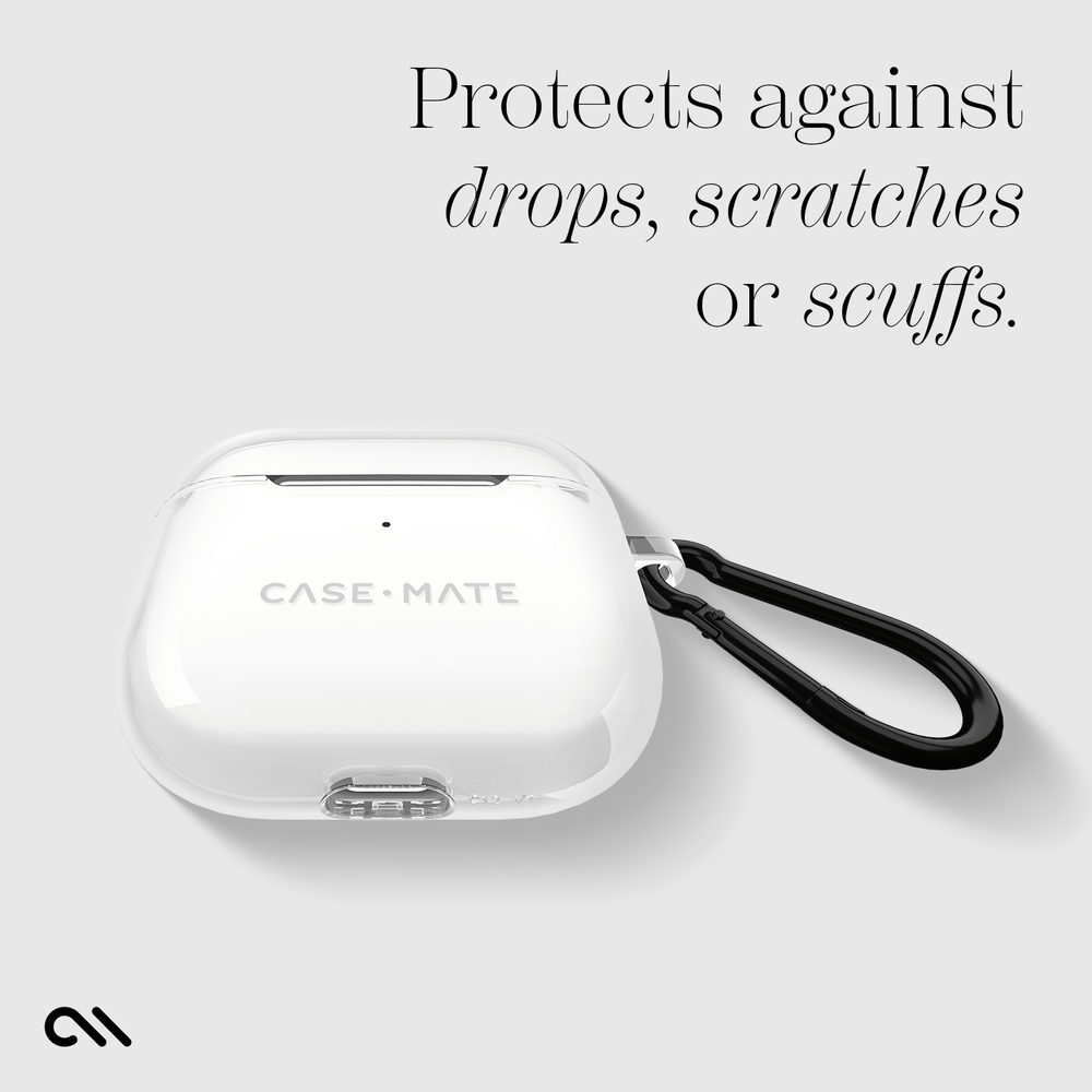 Transparent clear protective case for AirPods 4 with black carabiner clip attached.