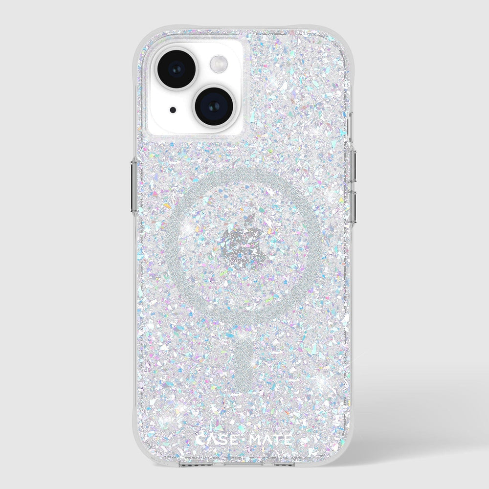 Clear iPhone case with iridescent glitter and confetti pattern, compatible with iPhone 13, 14, and 15 models.