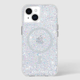 Clear iPhone case with iridescent glitter and confetti pattern, compatible with iPhone 13, 14, and 15 models.