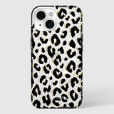 Cream and black leopard print iPhone case with dual camera cutout and spade branding.