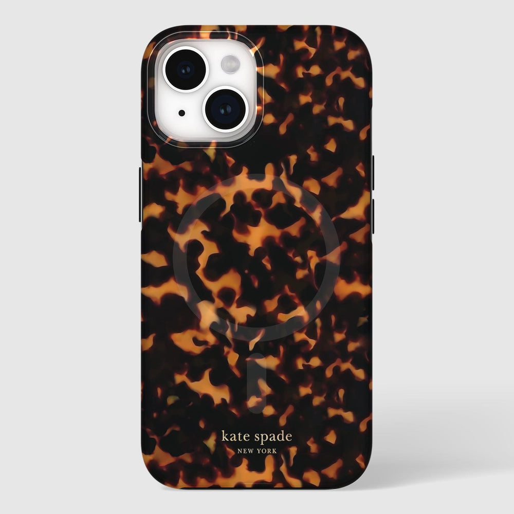 Tortoiseshell patterned iPhone case in black and amber with dual camera cutout and kate spade branding.
