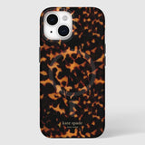 Tortoiseshell patterned iPhone case in black and amber with dual camera cutout and kate spade branding.
