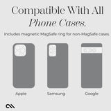 COMPATIBLE WITH ALL PHONE CASES. INCLUDES MAGNETIC MAGSAFE RING FOR NON-MAGSAGE CASES
