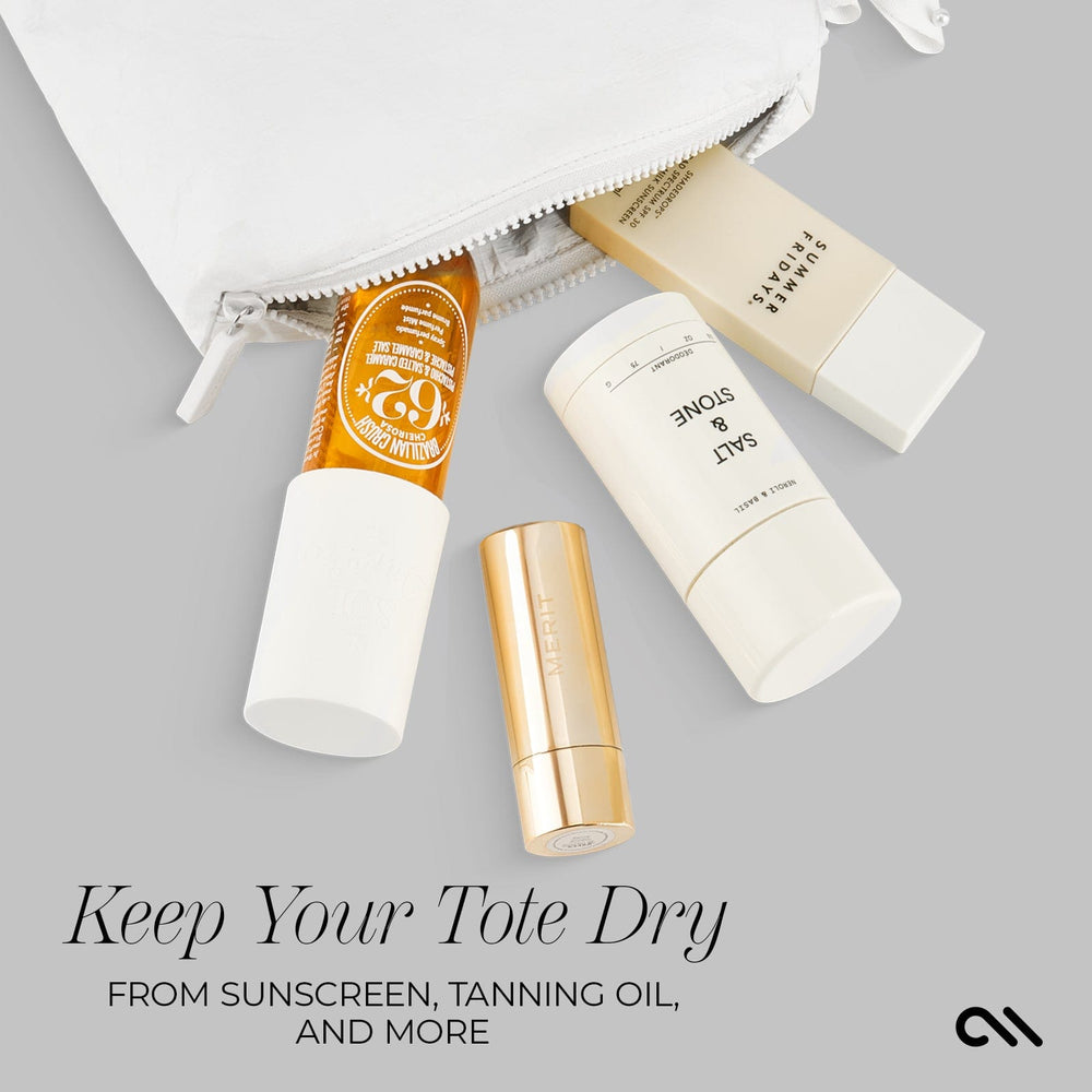 KEEP YOUR TOTE DRY FROM SUNSCREEN TANNING OIL AND MORE #color_ivory pearl bow