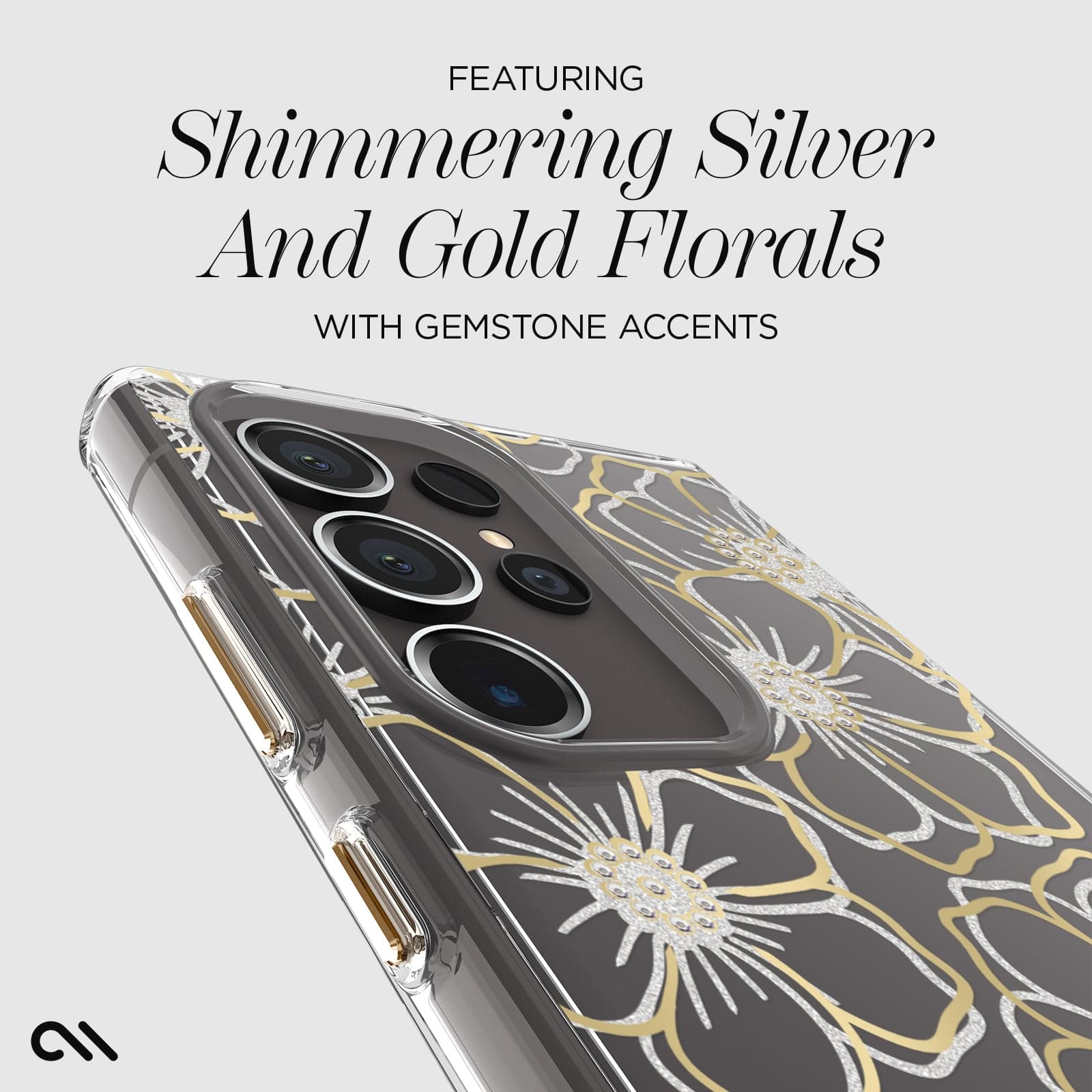 FEATURING SHIMMER SILVER AND GOLD FLORALS WITH GEMSTONE ACCENTS