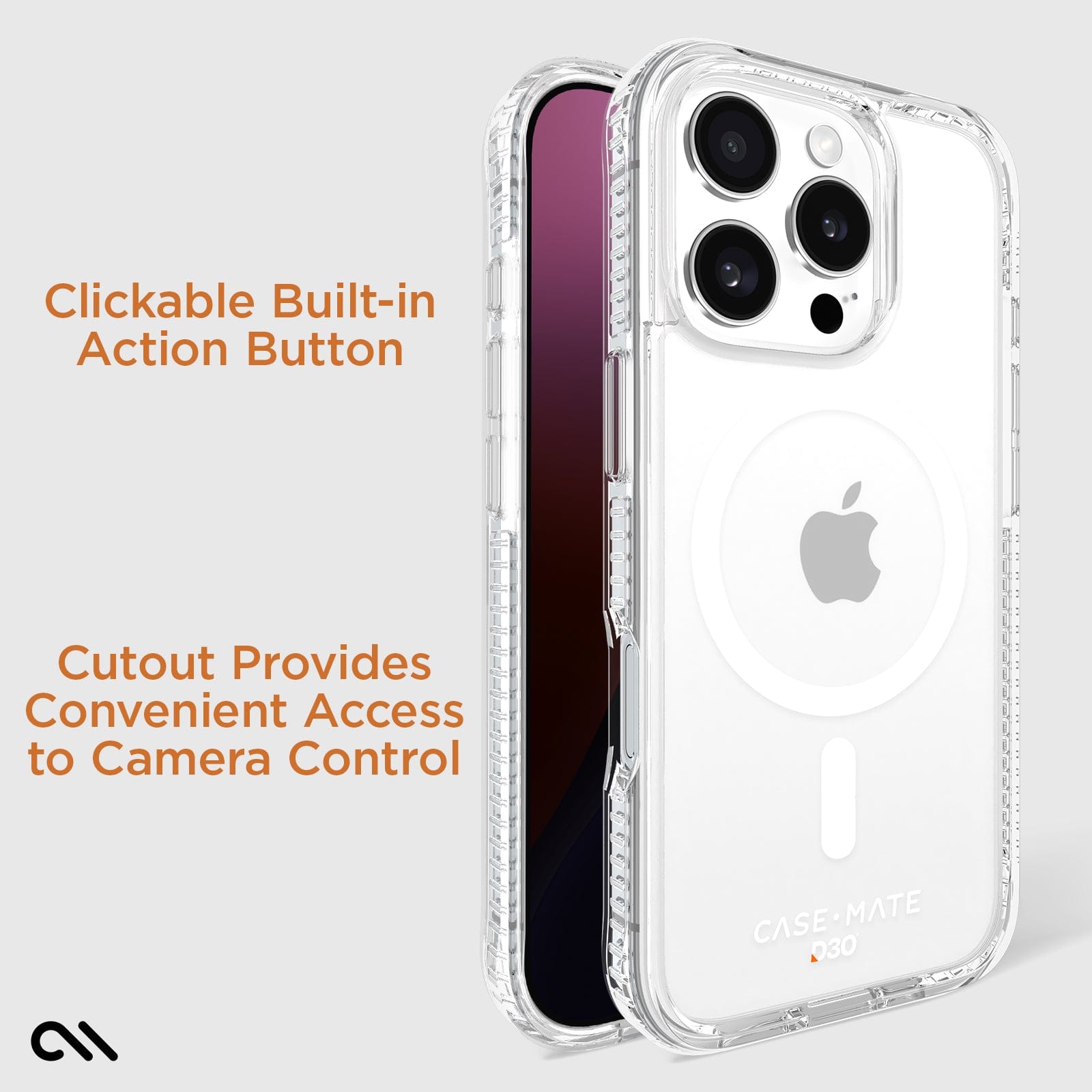 CLICKABLE BUILT IN ACTION BUTTON. CUTOUT PROVIDES CONVENIENT ACCESS TO CAMERA CONTROL