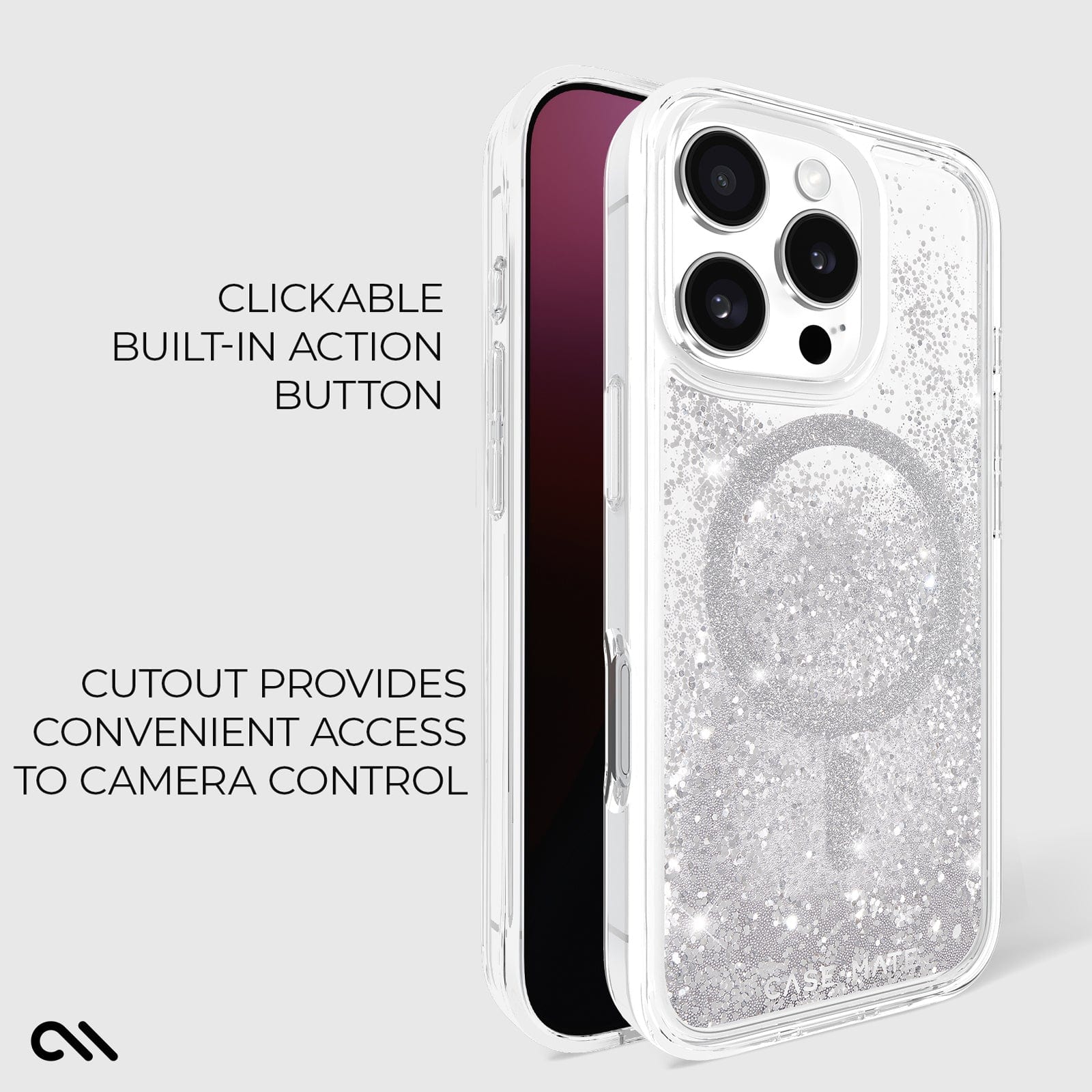 CLICKABLE BUILT IN ACTION BUTTON. CUTOUT PROVIDES CONVENIENT ACCESS TO CAMERA CONTROL