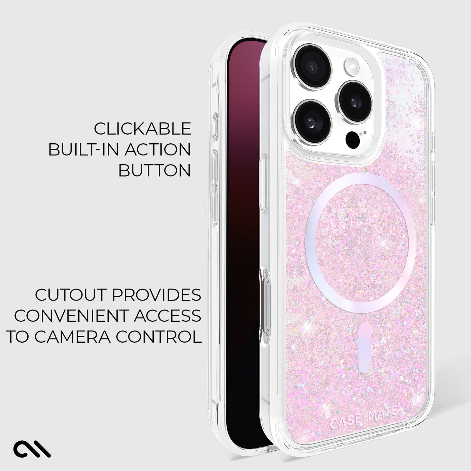 CLICKABLE BUILT IN ACTION BUTTON CUTOUT PROVIDES CONVENIENT ACCESS TO CAMERA CONTROL