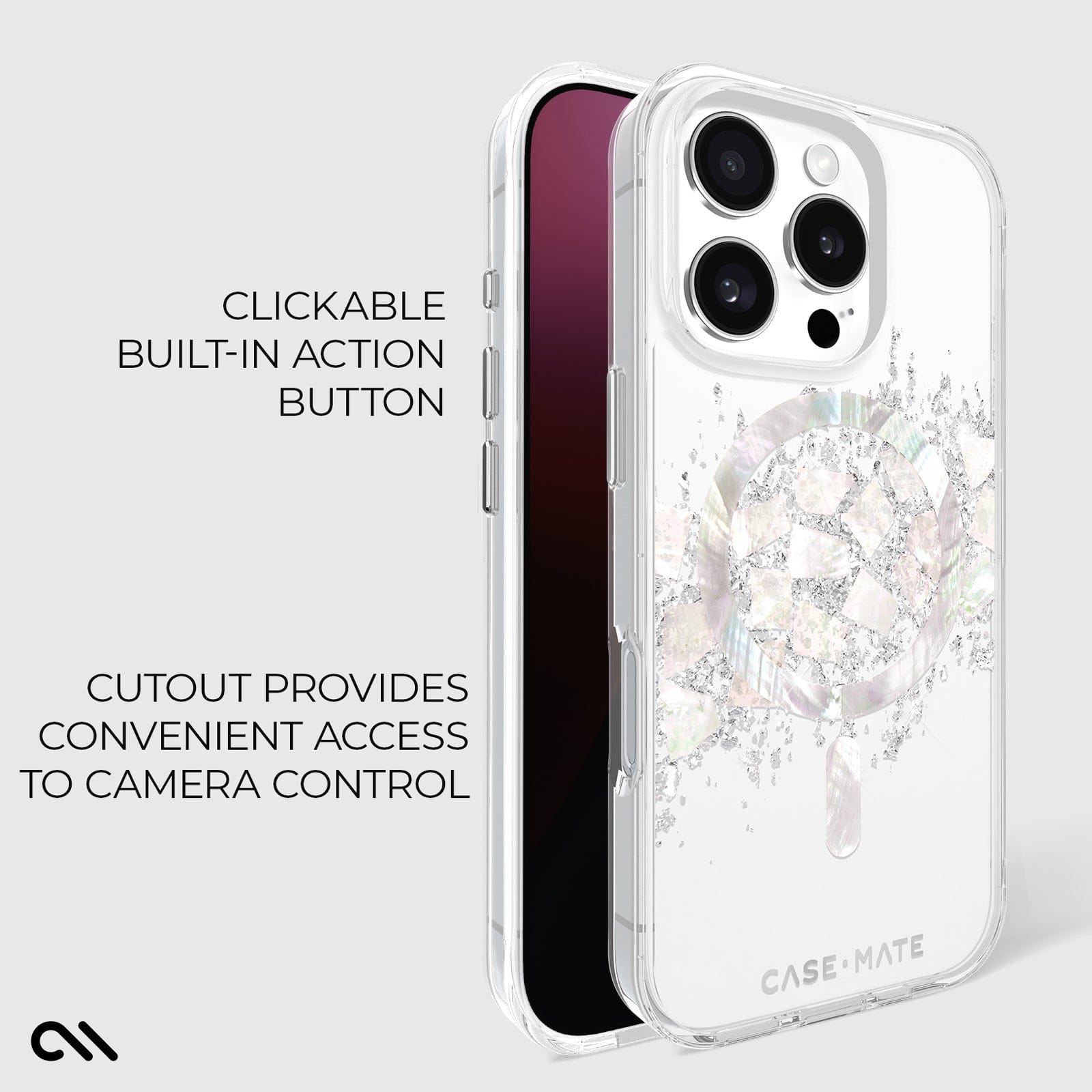 CLICKABLE BUILT IN ACTION BUTTON. CUTOUT PROVIDES CONVENIENT ACCESS TO CAMERA CONTROL