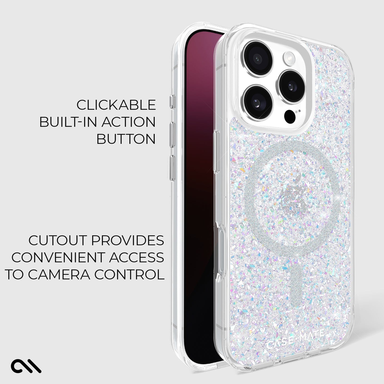 CLICKABLE BUILT IN ACTION BUTTON CUTOUT PROVIDES CONVENIENT ACCESS TO CAMERA CONTROL