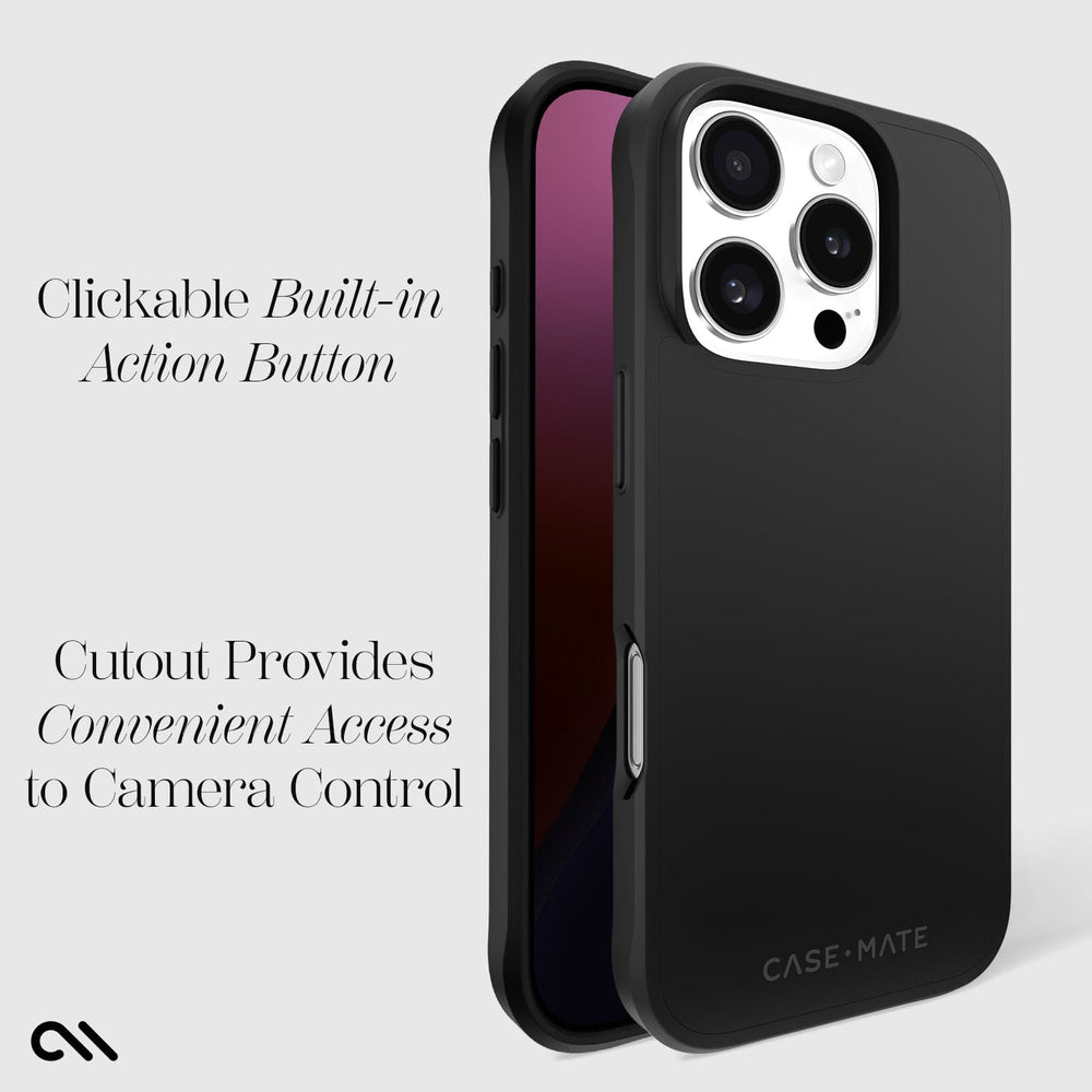 CLICKABLE BUILT IN ACTION BUTTON. CUTOUT PROVIDES CONVENIENT ACCESS TO CAMERA CONTROL