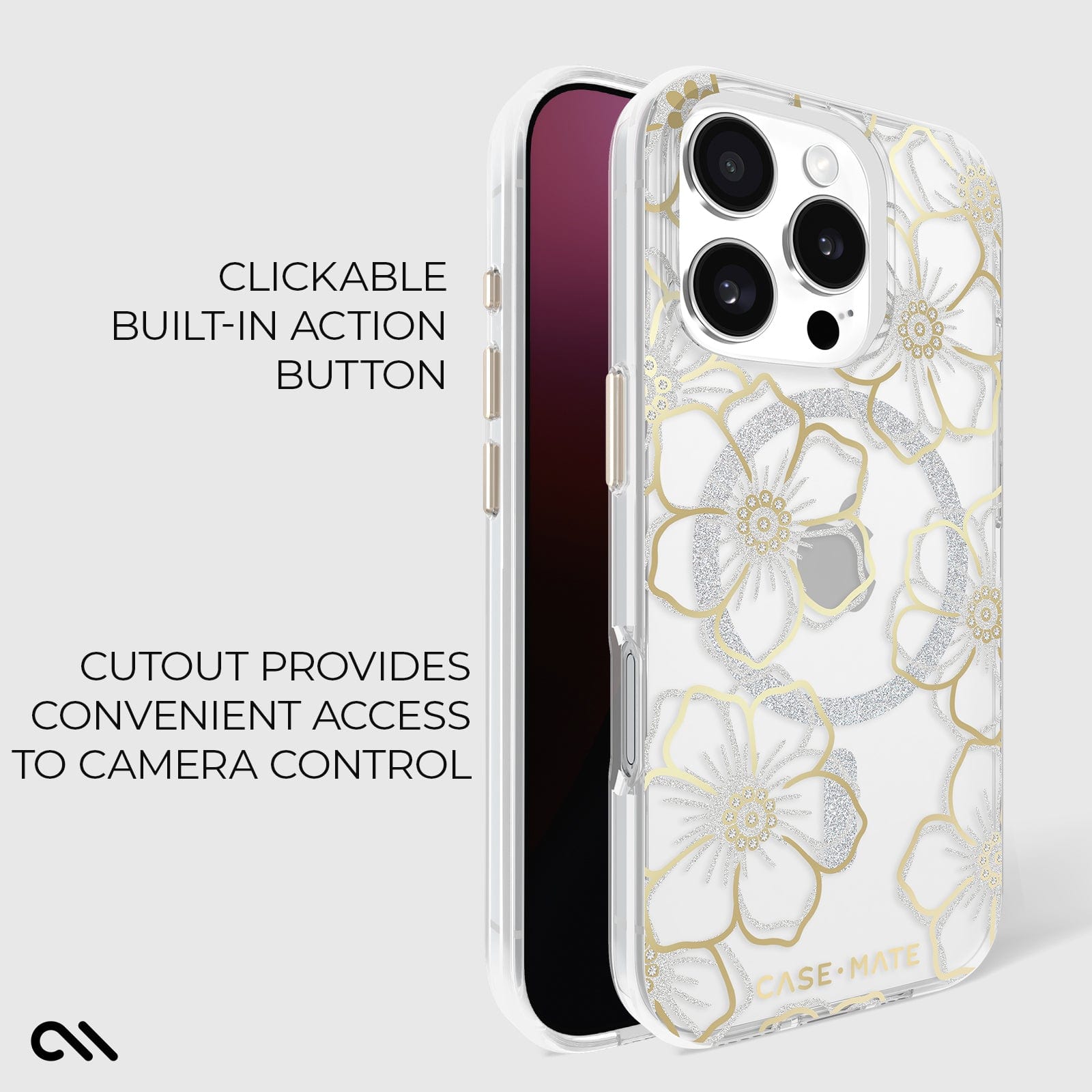 CLICKABLE BUILT-IN ACTION BUTTON. CUTOUT PROVIDES CONVENIENT ACCESS TO CAMERA CONTROL