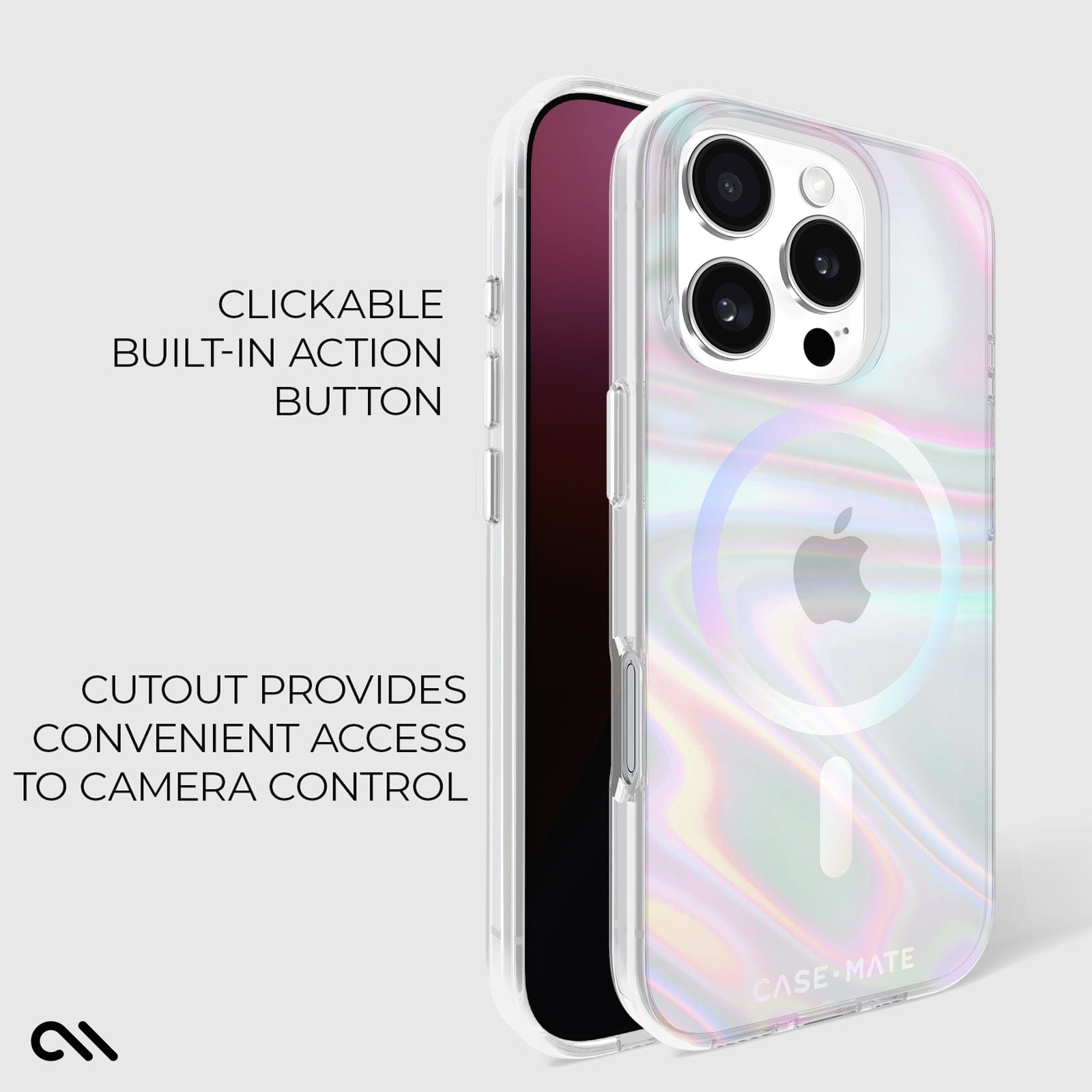 CLICKABLE BUILT IN ACTION BUTTON. CUTOUT PROVIDES CONVENIENT ACCESS TO CAMERA CONTROL